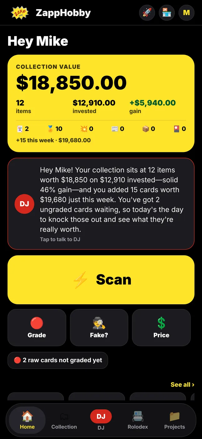 ZappHobby screen: Your collection value, at a glance