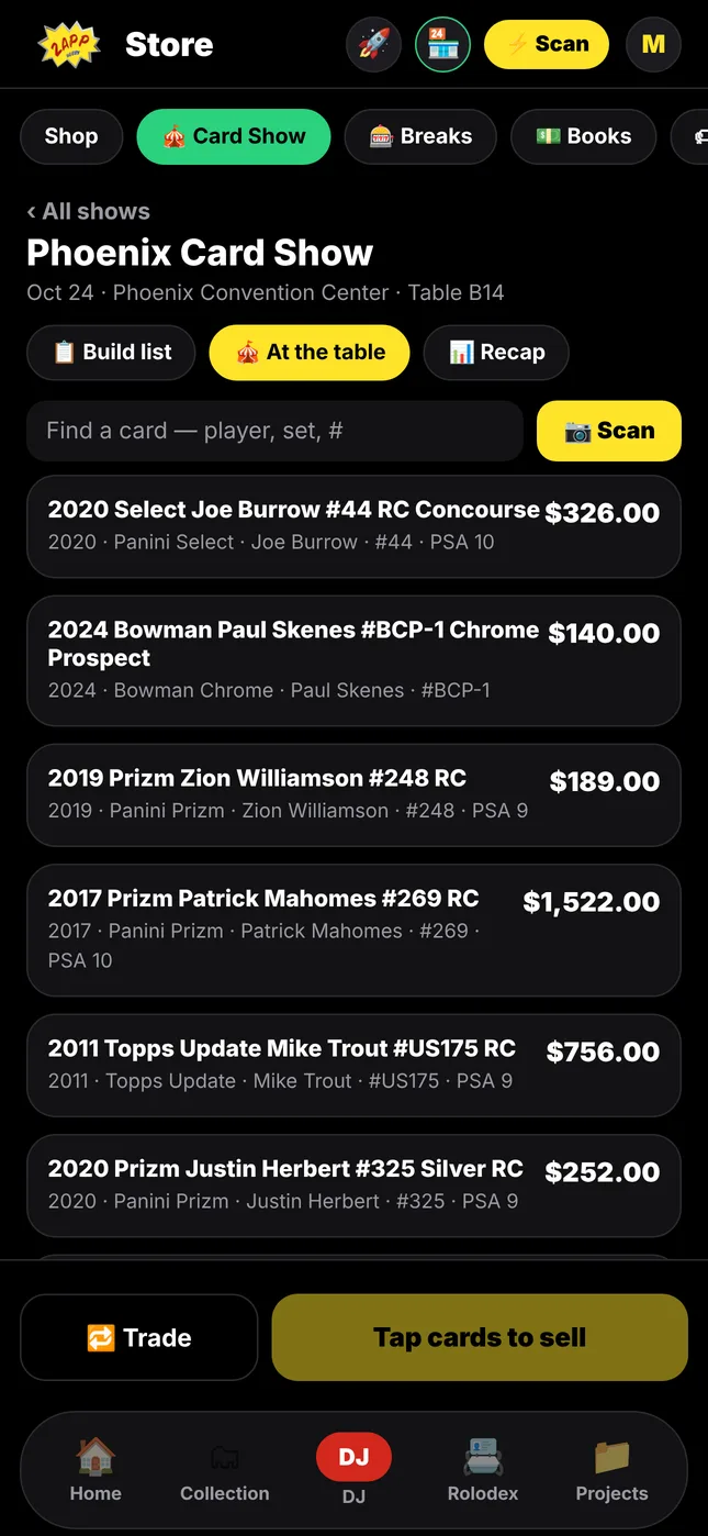 ZappHobby screen: Sell at the card show table